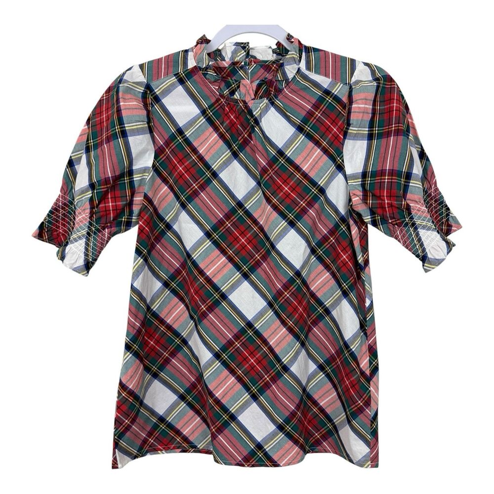 J.CREW Stuart Tartan Shirt Sz XXS Puff Sleeve White Red Plaid BE001 High Neck